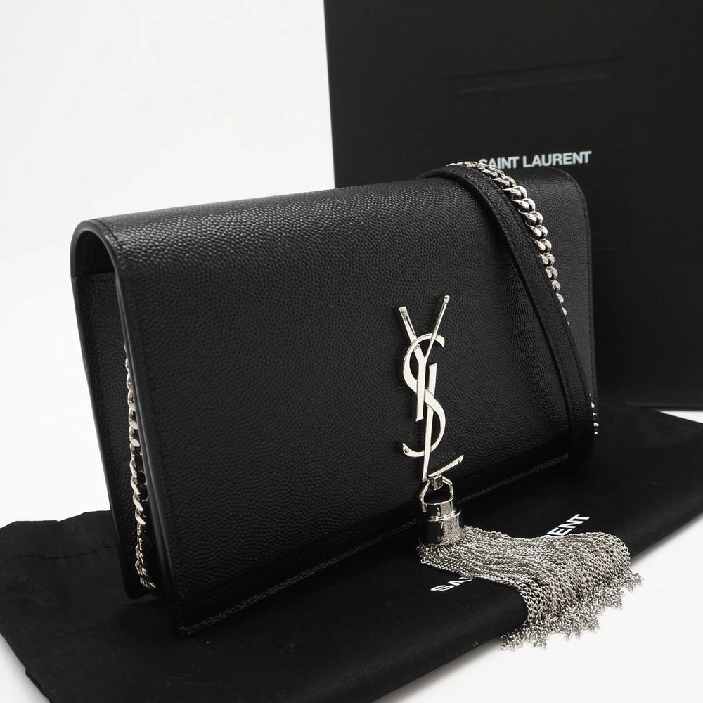 Saint Laurent Kate Tassel Chain Wallet Shoulder Bag Black Silver Leather